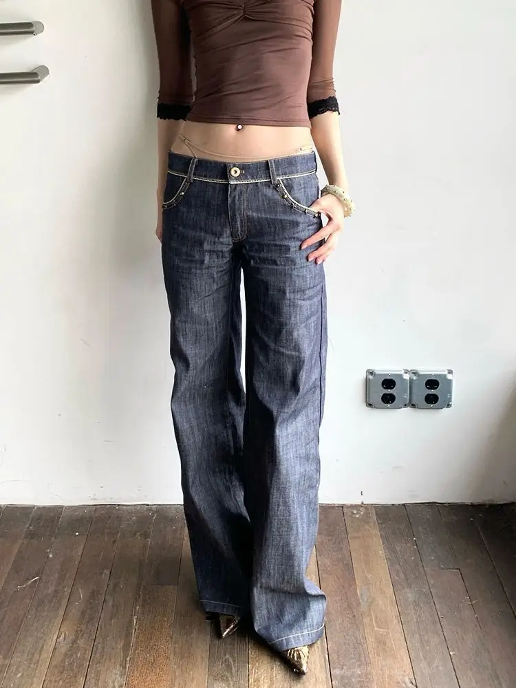 Deeptown Blue Lace Patchwork Jeans Women Y2k Vintage Low Waist American Style Straight Denim Trousers Slim Grunge Streetwear