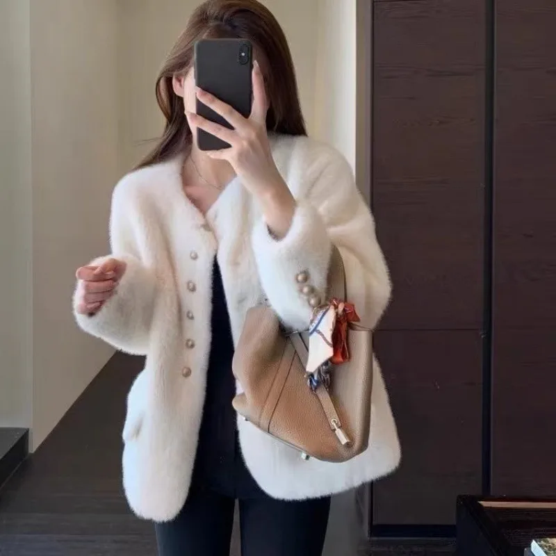 Chaqueta de piel sintética de un solo pecho con cuello redondo de alta calidad, abrigos de piel ecológicos de visón sintético suave de lujo, abrigo de visón para mujer