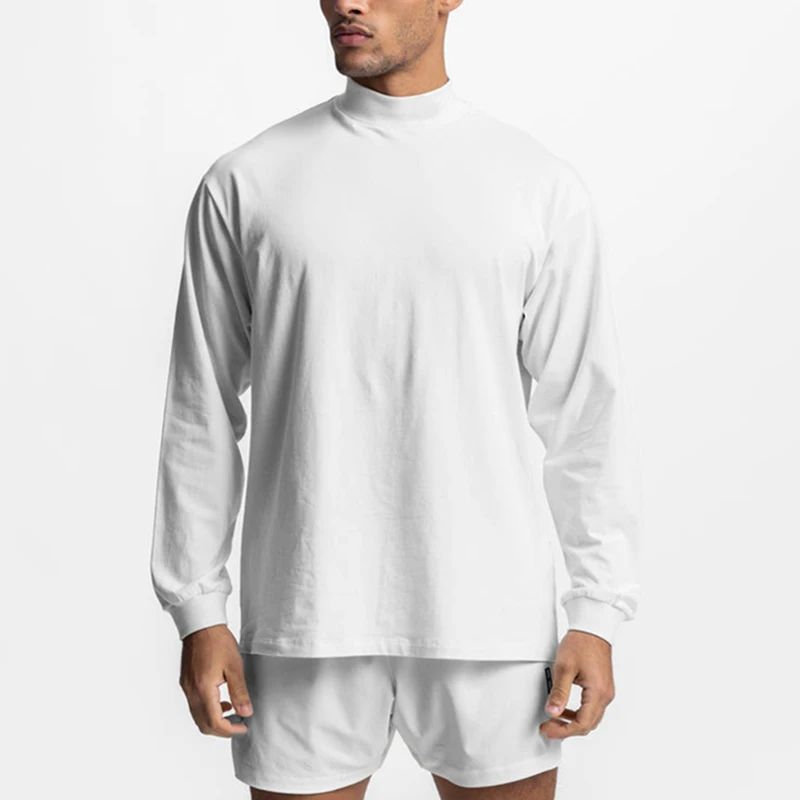 Mens Bodybuilding Sporting Workout Oversized High-neck Long Sleeve Tshirt Breathable Fitness Fashion Clothing T Shirt