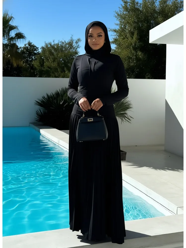 Missuoo Women's Solid Black Bodycon Dress Stand Collar Long Sleeves Pleated Floor Length Dress 2026 Elegant Modest Dresses