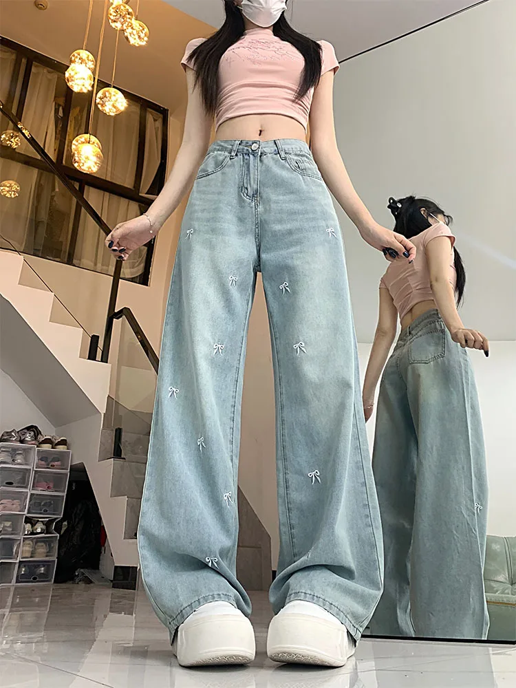 

Синие свободные широкие джинсы с вышивкой, женские летние тонкие джинсовые брюки с высокой талией, эффект похудения для больших размеров, грушевидное тело