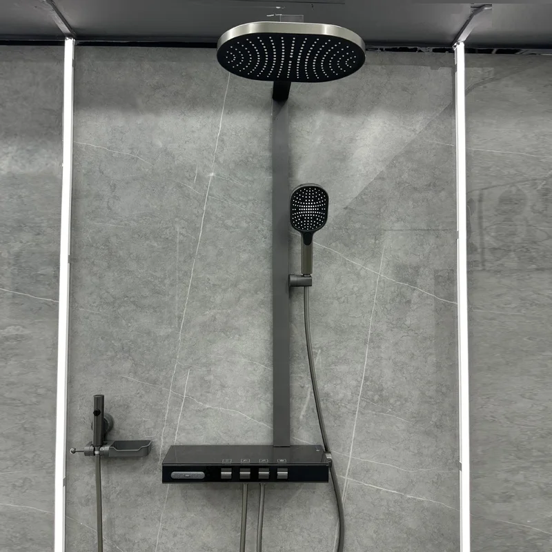 

New LED Digital Display 6 Functions Modern Bathroom Aluminum Body Waterfall Spa Jets Smart Shower Panel Wall Shower Sets