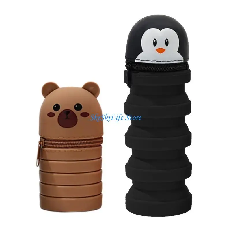 E65E 2Pcs Cartoon Pencil Case Telescoping Silicone Pen Case Pen Holder Zippered Pen Pouches for Student Kid Girl School