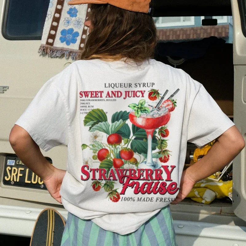 

Strawberry Botanical Back Print Tshirt Cute Cotton Garden T Shirt Vintage Cottagecore Aesthetic Fruit T-Shirts Women's Clothing
