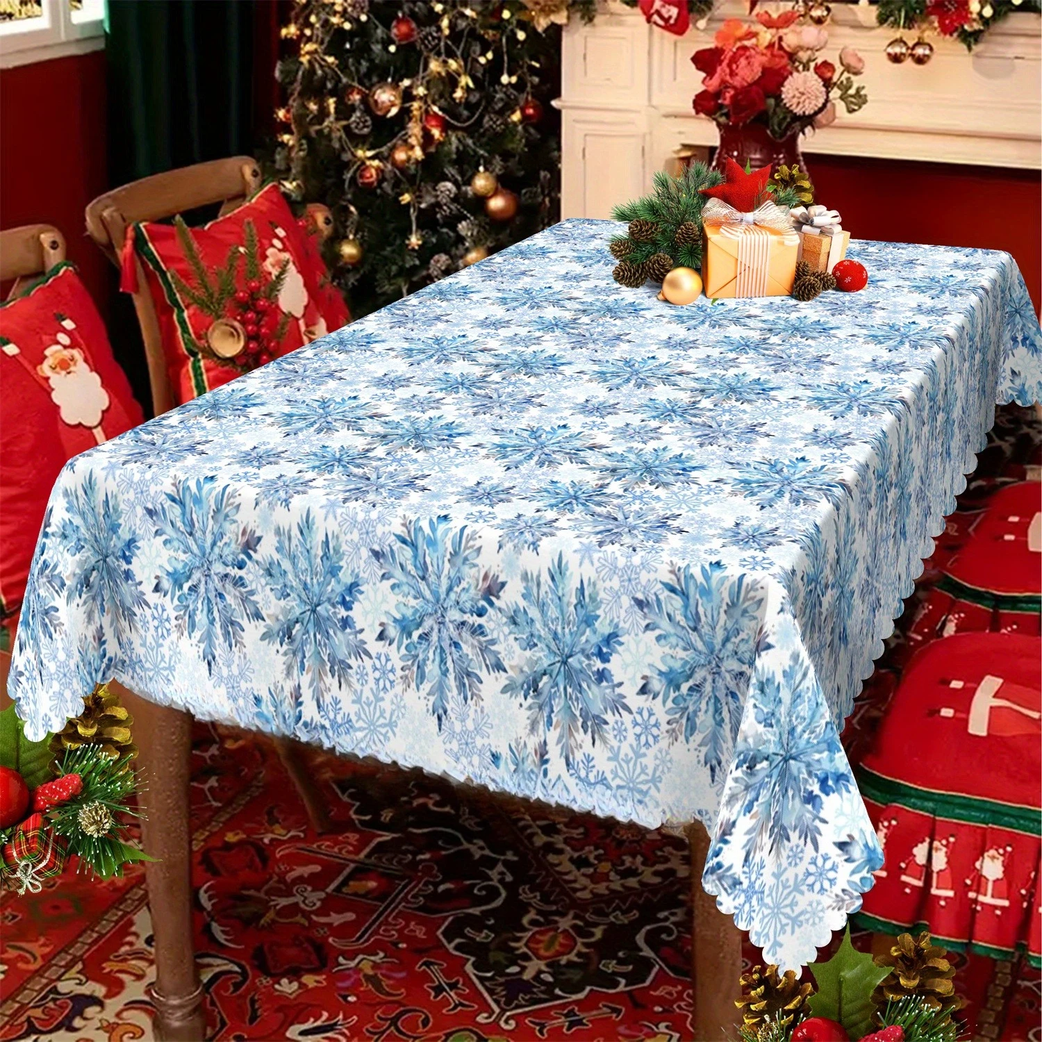 Christmas Blue Snowflake Waterproof Tablecloth Table Decor Winter Xmas Holiday Kitchen Dining Tablecloth Christmas Decorations