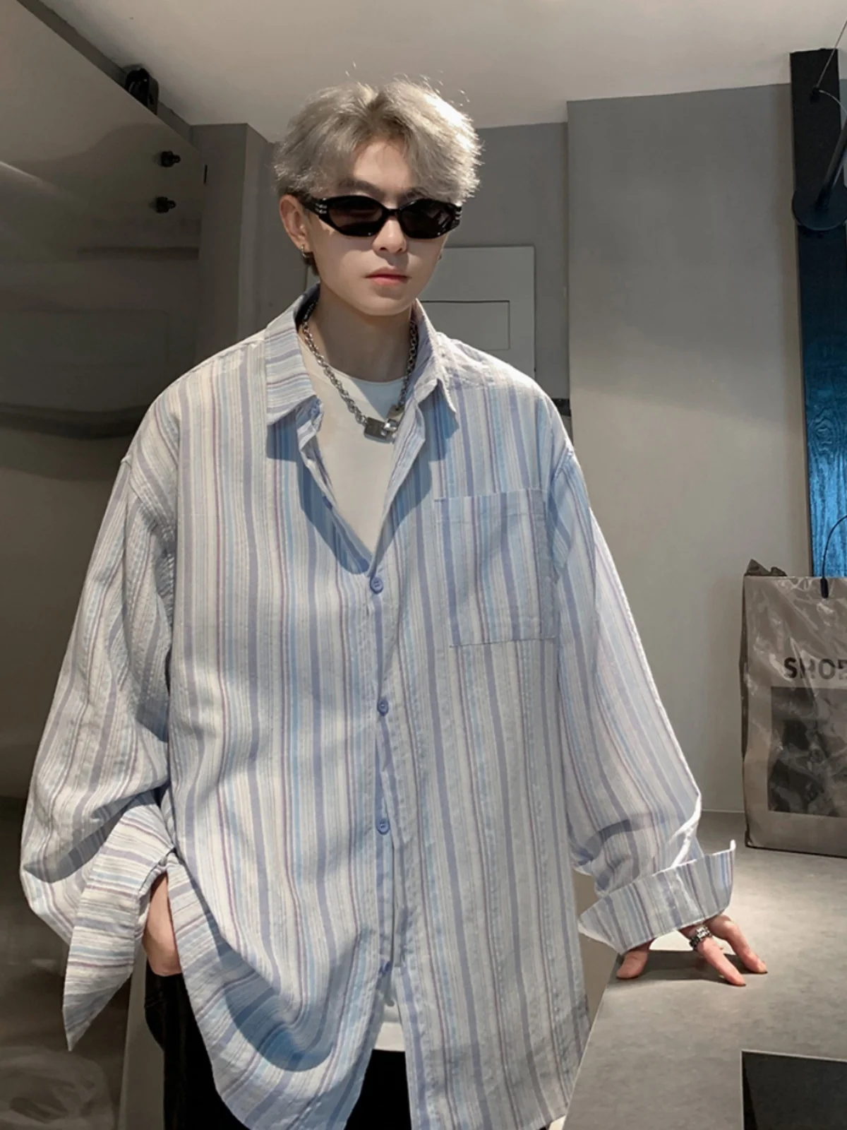 

Loose Fit Long Sve Blue Striped Men's irt Casual Lightweight Anti-UV Coat Spring Summer Autumn Faion Streetwear