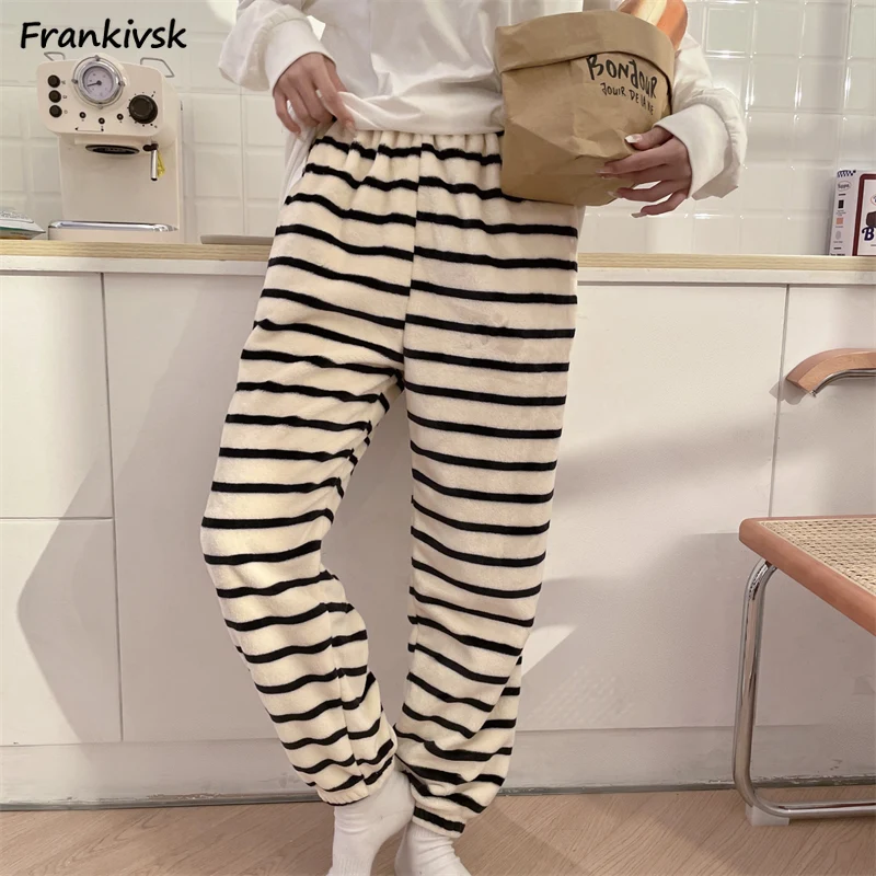 Striped Sleep Bottoms Women Loose Daily Elastic Waist Slouchy Simple Cute Ankle-tied Japanese Style Versatile Normcore Leisure