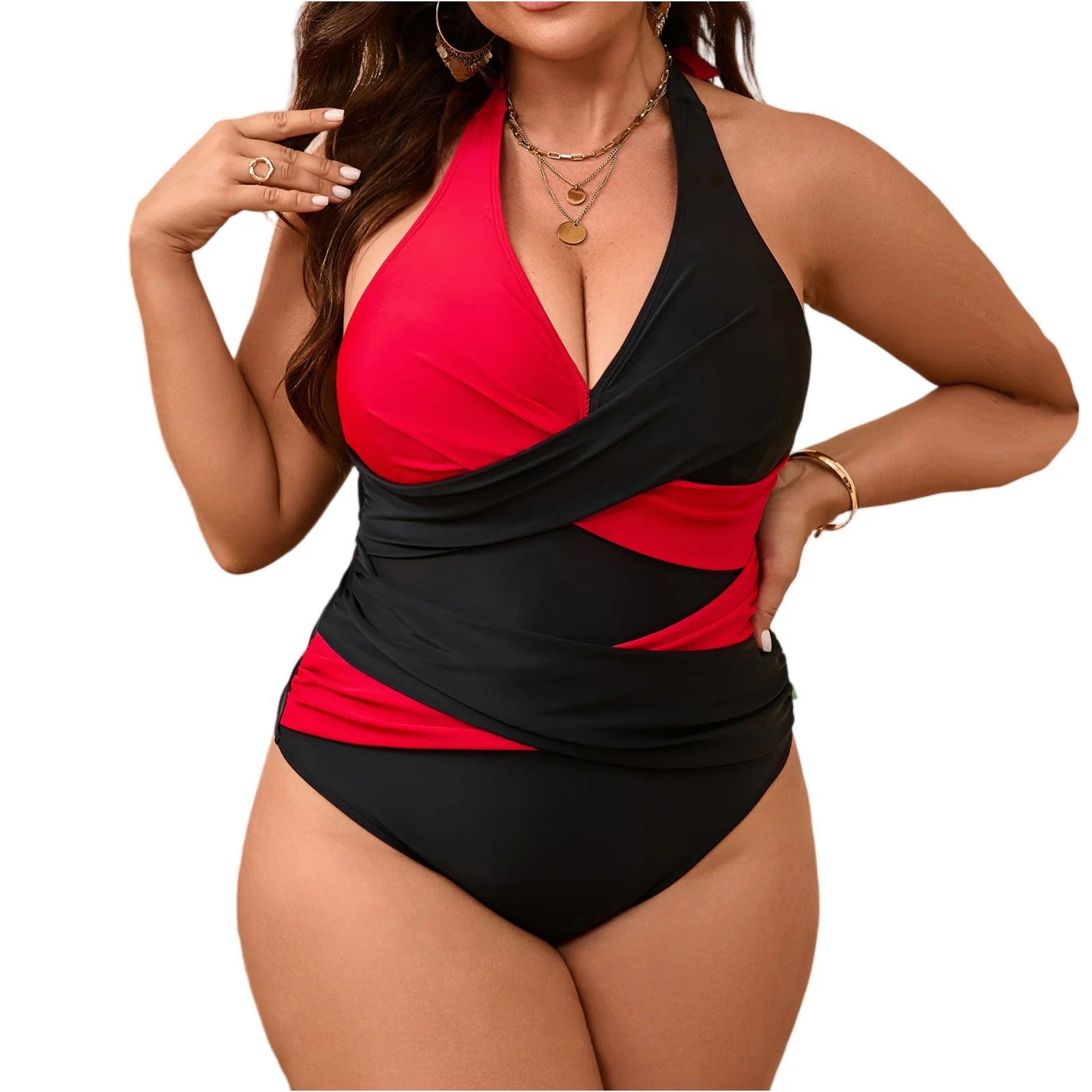 Plus Size One-Piece Women's Bikini Swimsuit Stylish Color-blocked Swimwear Sexy Deep V Neck Cross Tummy Control One Piece Bikini - Image 4