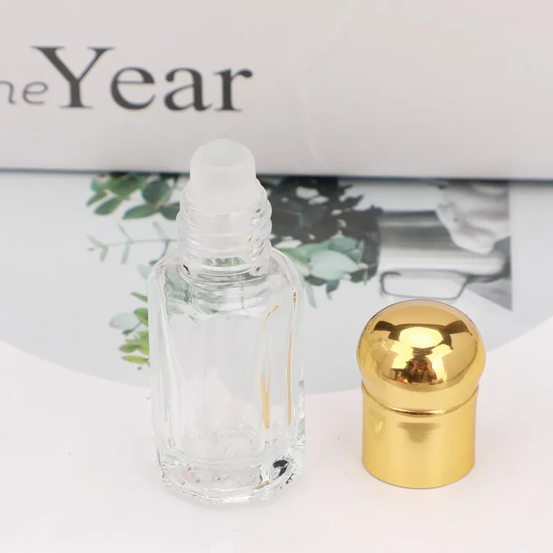 3ML Flat Head Clear Glass Roll Ball bottle octagonal Glass with Gold Silver Black  Metal Cap  Glass roll-on bottles