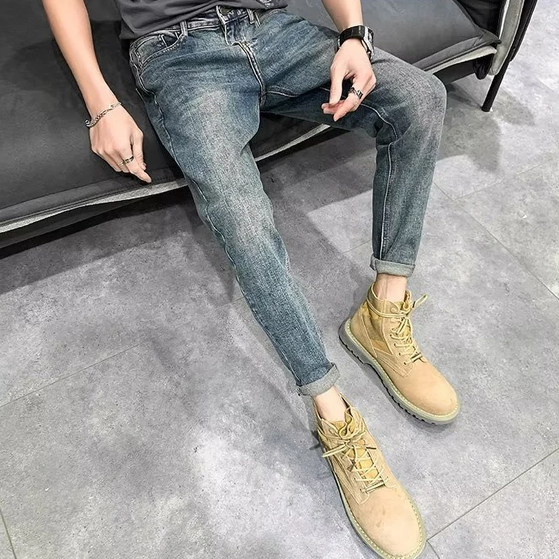 Jeans Kasual Slim Fit Melar Pria 2023 Celana Denim Klasik Warna Solid Biru Antik Pria Musim Semi Musim Panas Baru Celana Panjang Pria Bermerek