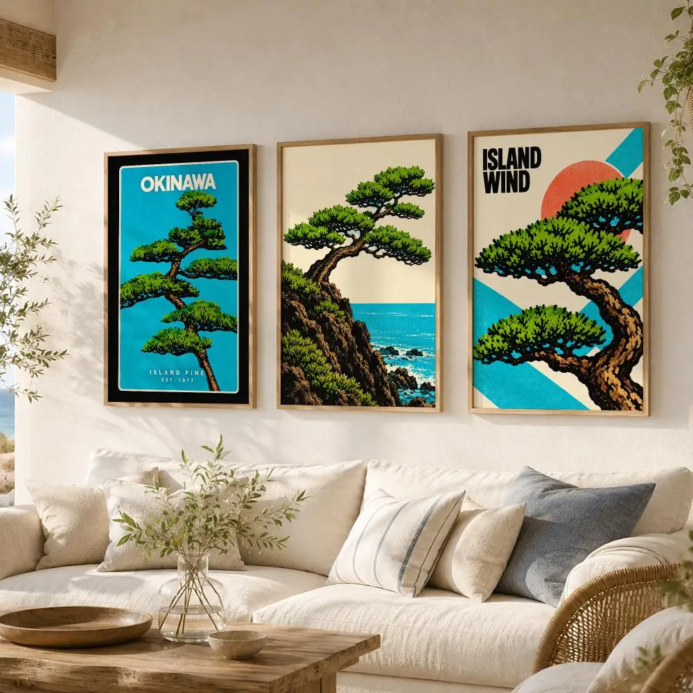Okinawa Pine Painting Calligraphy 3 PCS Vintage Fashion Canvas Wall Art Prints for Living Room Decor