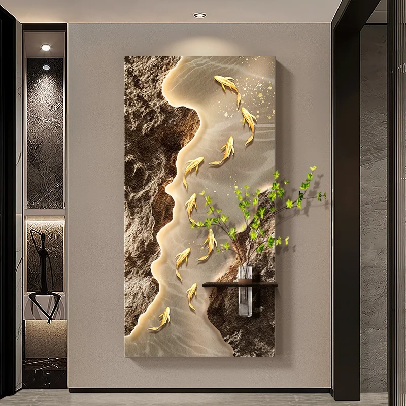 Art Deco Painting Corridor Background Wall Sandstone Murals Nine Fish Painting Entrance Hal Hydroponic Plants