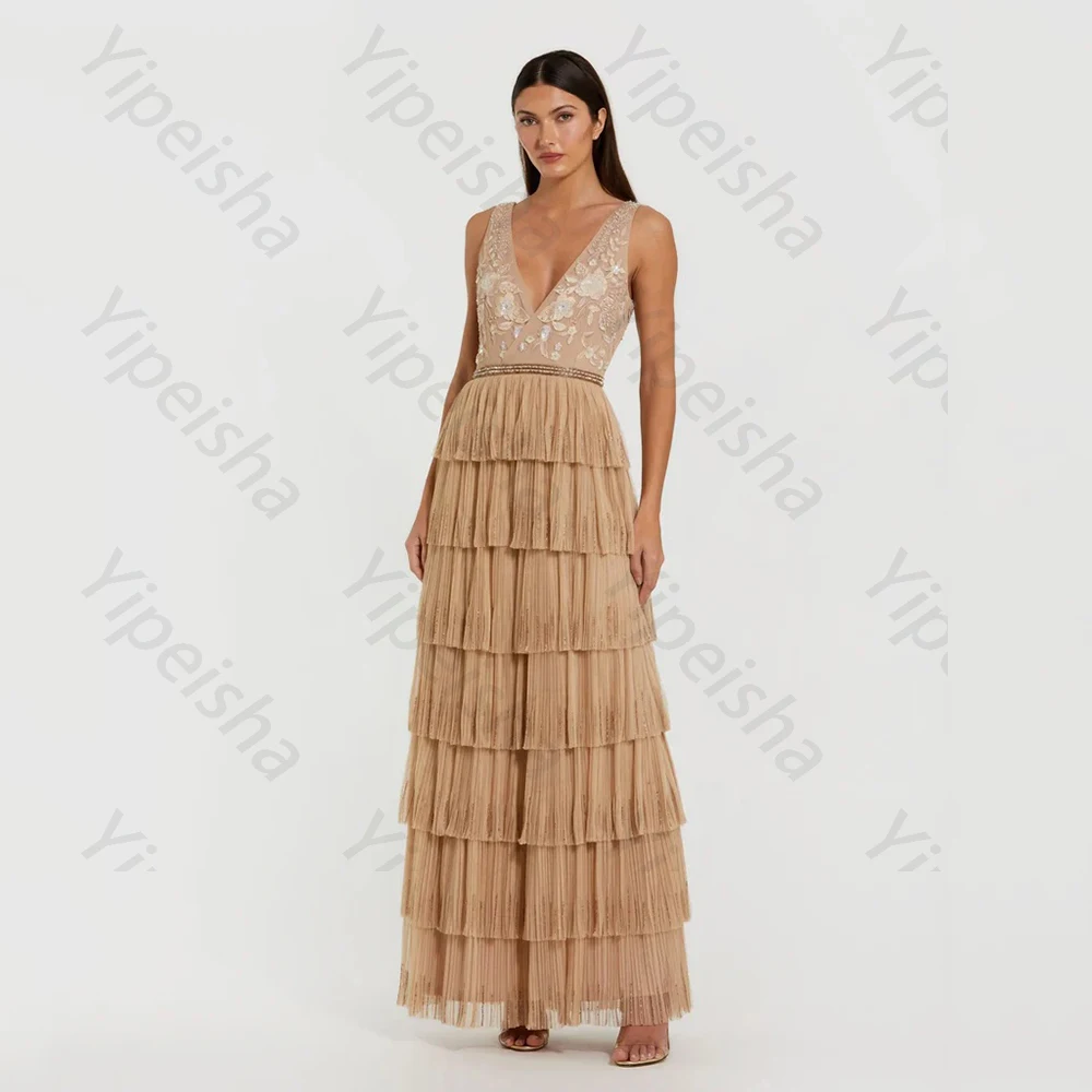 High Quality Champagne Elegant Evening Dresses Tulle for Floor-Length V-Neck Sleeveless Prom Dress Appliques Tiered Customized