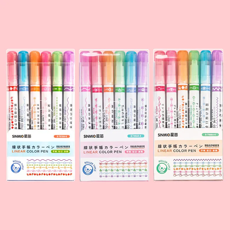 6 ピース/セットかわいい花ライン形蛍光ペンローラーチップカーブライナーマーカー書き込みジャーナリング描画文具