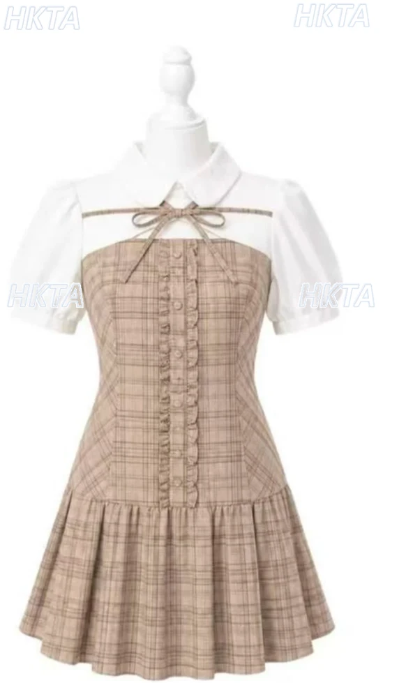 

Japanese Sweet Plaid Hollowed Lolita Waist Dress 2026 Summer New Lapel Short Sleeve Splicing Pleated Slim Black Mini Dress Women