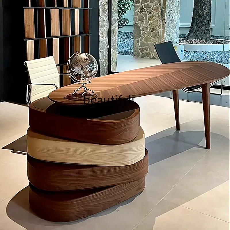 SS Italian desk solid wood modern simple office, boss table walnut, retro rotating desk New Light Luxury