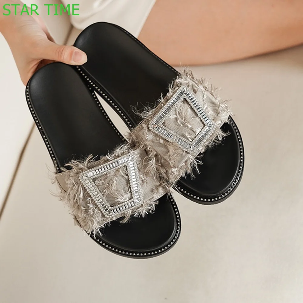 

Tassel Crystal Bling Thick Sole Slides 2024 Summer New Outdoor Casual Beach Slippers Black/gray Slip On Fashion Women Slippers