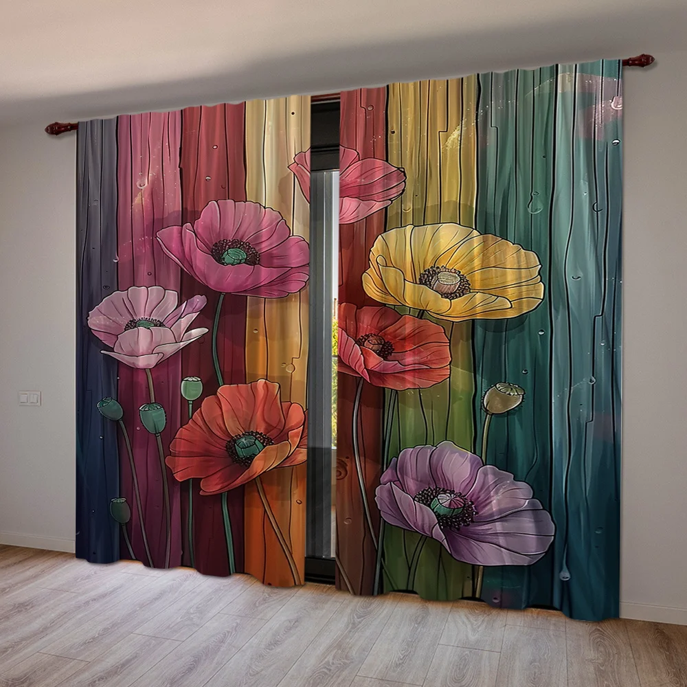 2pcs Poppy Flower Curtains Colorful Wood Plank Art Print Drape Living Room Bedroom Window Treatment Boho Floral Home DecorPanels