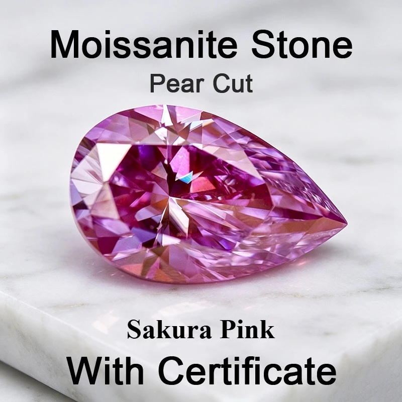 Moissanite Stone Pear Cut Sakura Pink Lab Grown Gemstone for DIY Jewelry Making Materials Pass Diamond Tester with Certificate
