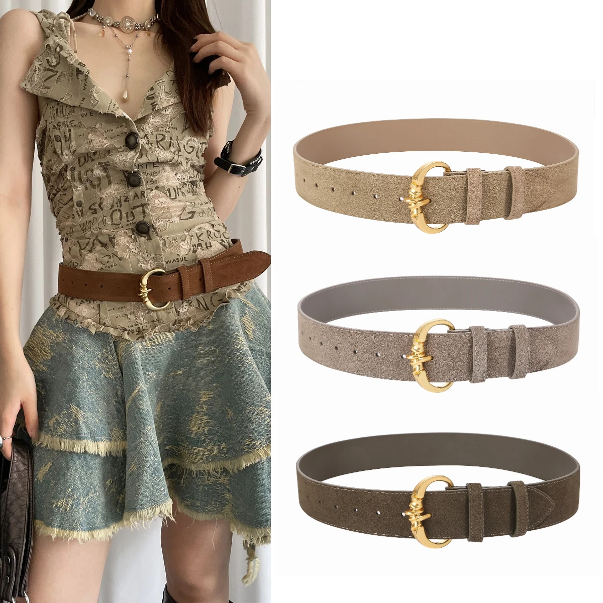 

Матовый замшевый ремень в винтажном стиле, женские ремни из натуральной кожи с широкой талией, модный аксессуар для пальто, брюк, джинсов