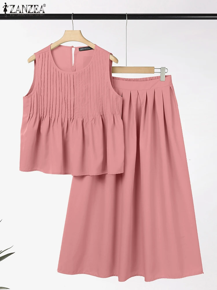 ZANZEA Donna Estate 2PCS 2025 Set di abiti alla moda Canotte a pieghe senza maniche e maxi gonne Casual Solid Party 2 pezzi Abiti
