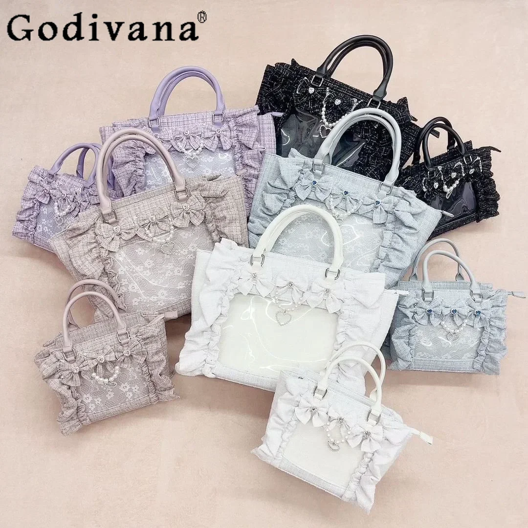 

Lady Japanese Style Mine Ita Bag Ruffled Lace Women Girls Rhienstone Pearl Bowknot Square Tote Shoulder Portable Bolso Handbags