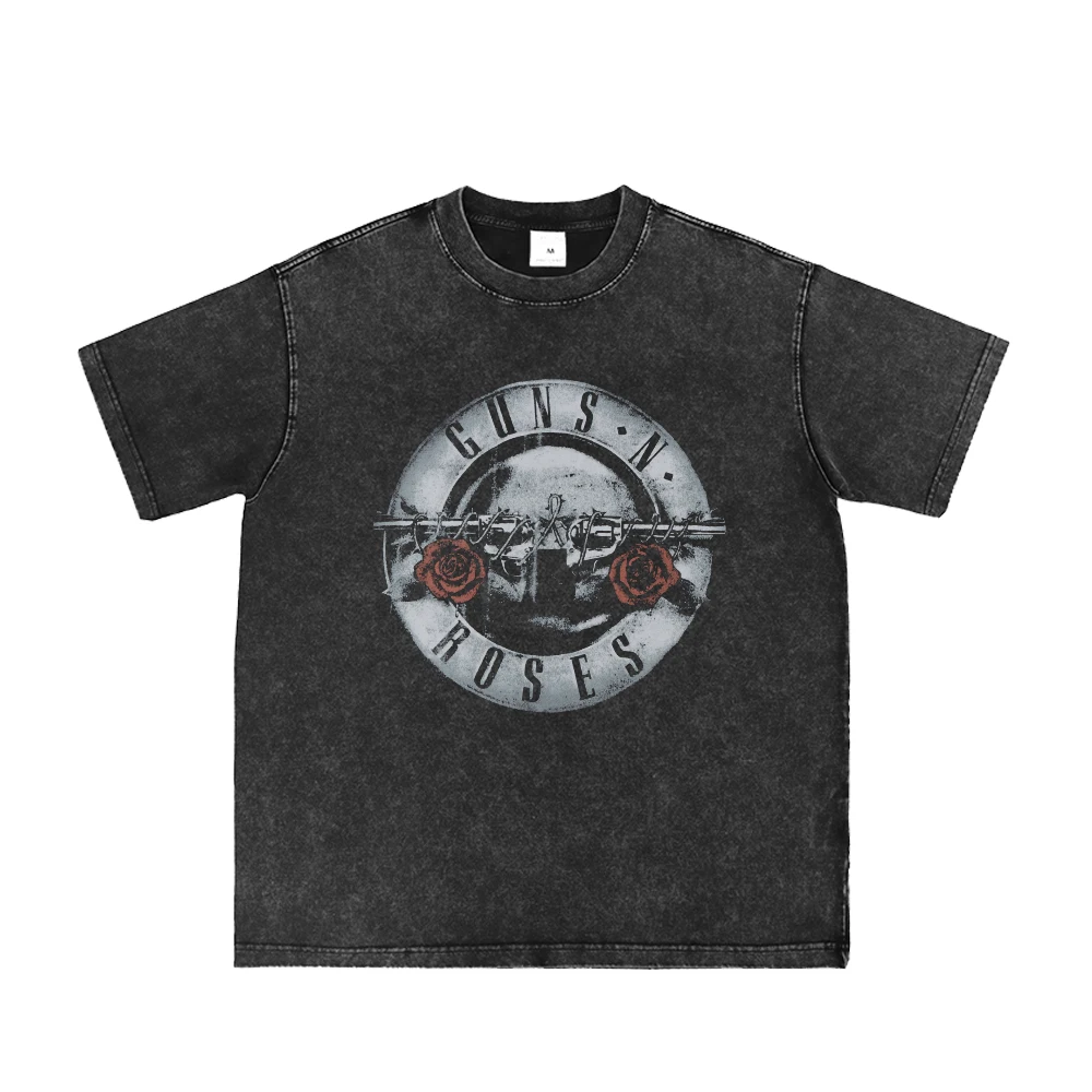 

GUNSnROSES Washed Old Retro Gray American Street Gun Flower Rock Band Short Sleeve Men T-Shirt Women Fashion Street Hip-hop