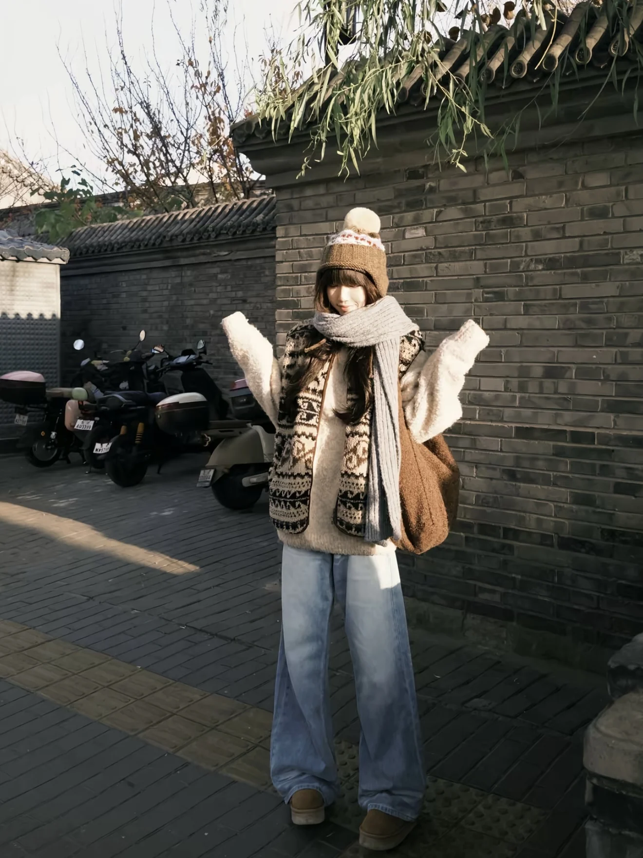 

Autumn Winter American Fair Isle Lamb Fur Vest ex Casual Warm Stand Collar eepskin Vest Outerwear Single Button Closure