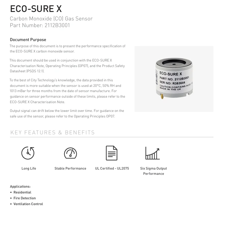 1pcs new  ECO-SURE X Carbon Monoxide Sensor Model 2112B3001 Carbon Monoxide (CO) Gas Sensor For Honeywell