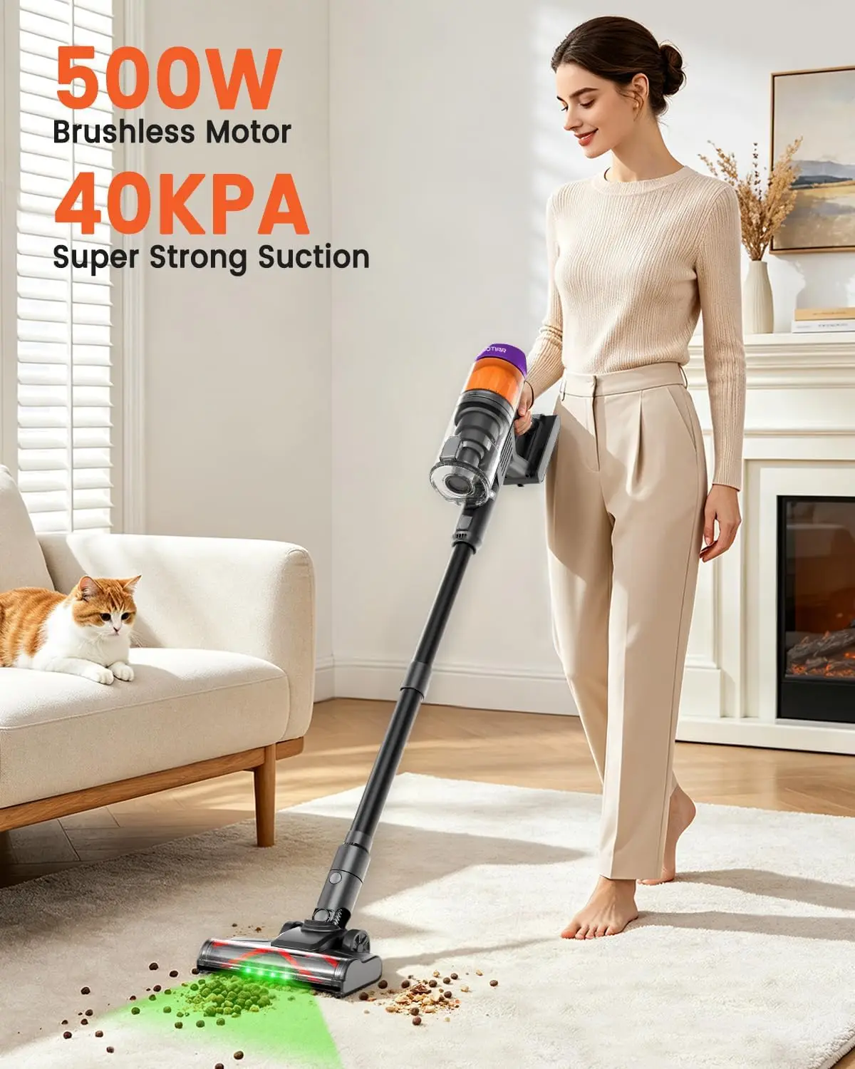 Cordless Vacuum Cleaner, 500W 40KPa Suction, 120-Minute Runtime, 2 Batteries Included, Black