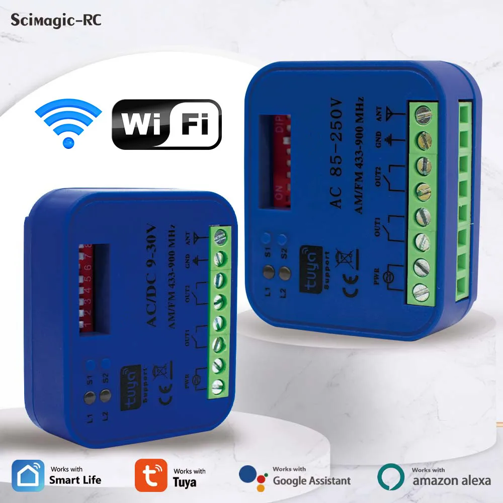 2CH Tuya WiFi Universal  Garage Door Remote Control Receiver 433MHz 868MHz Switch DC AC 9-30V 85-250V Smart Life Alexa