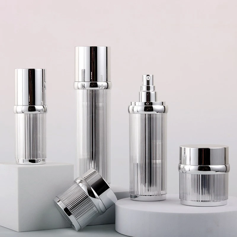 1pc Shiny Silver Lined Shape Acrylic Plastic Bottle Airless Serum Lotion Foundation Skincare Bottle Cosmetic Bottle