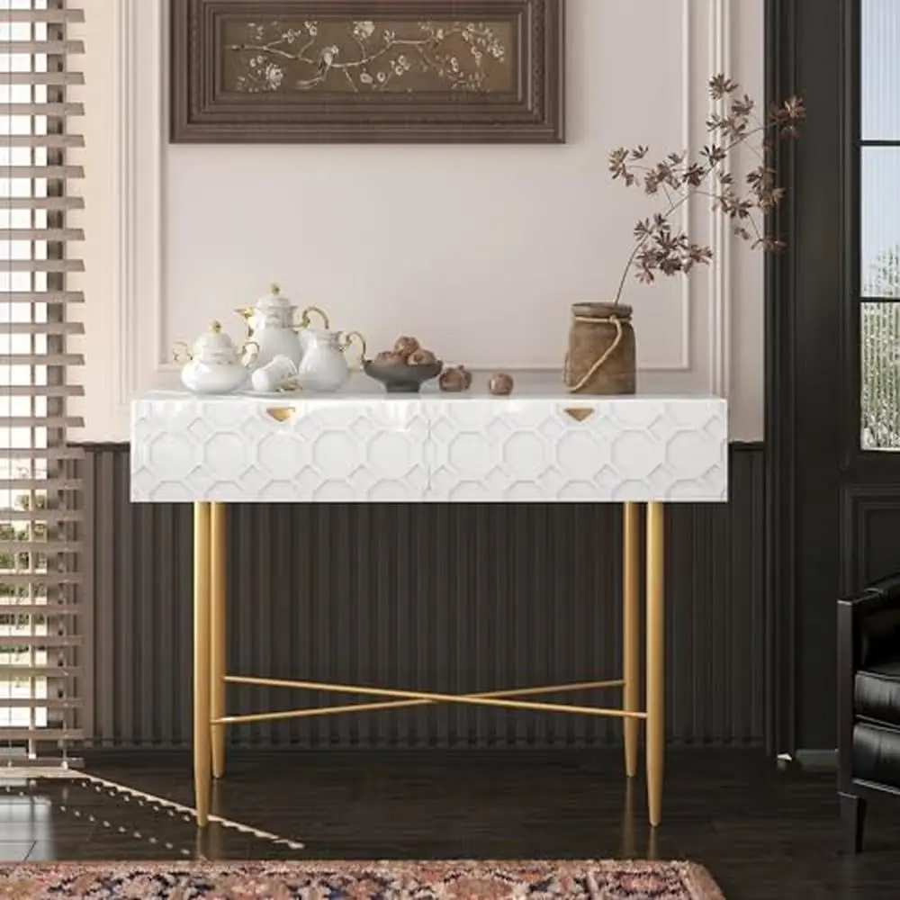 Entryway Console Table with Storage Drawers White Sofa Table Hallway  with Golden Legs Study Display Side MDF