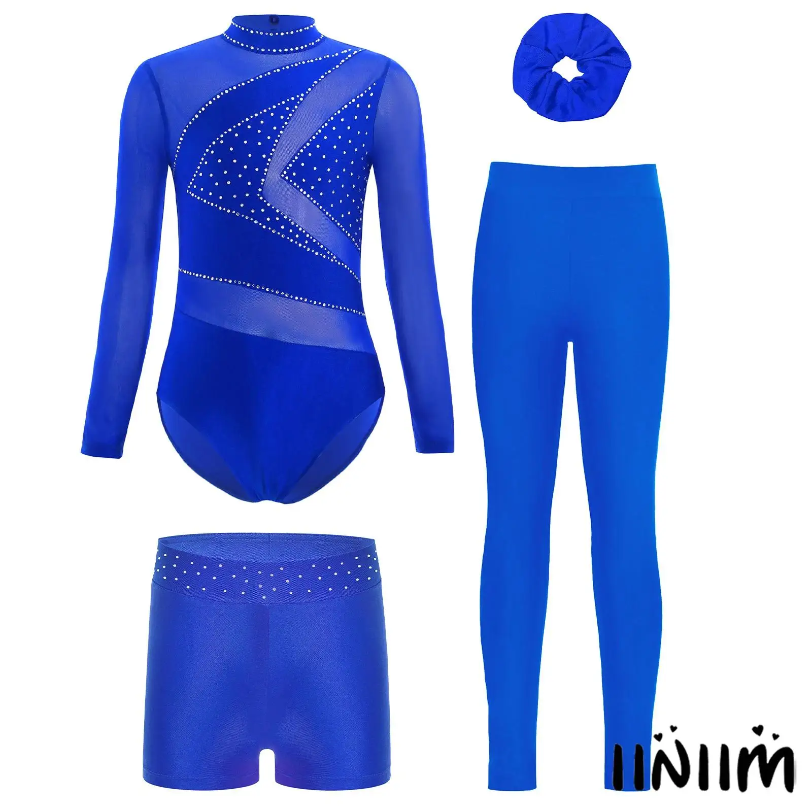 

4Pcs Kids Girls Latin Tango Salsa Dance Costume Sheer Mesh Long Sleeve Sparkly Rhinestone Leotard+Shorts+Leggings+Hairband Set