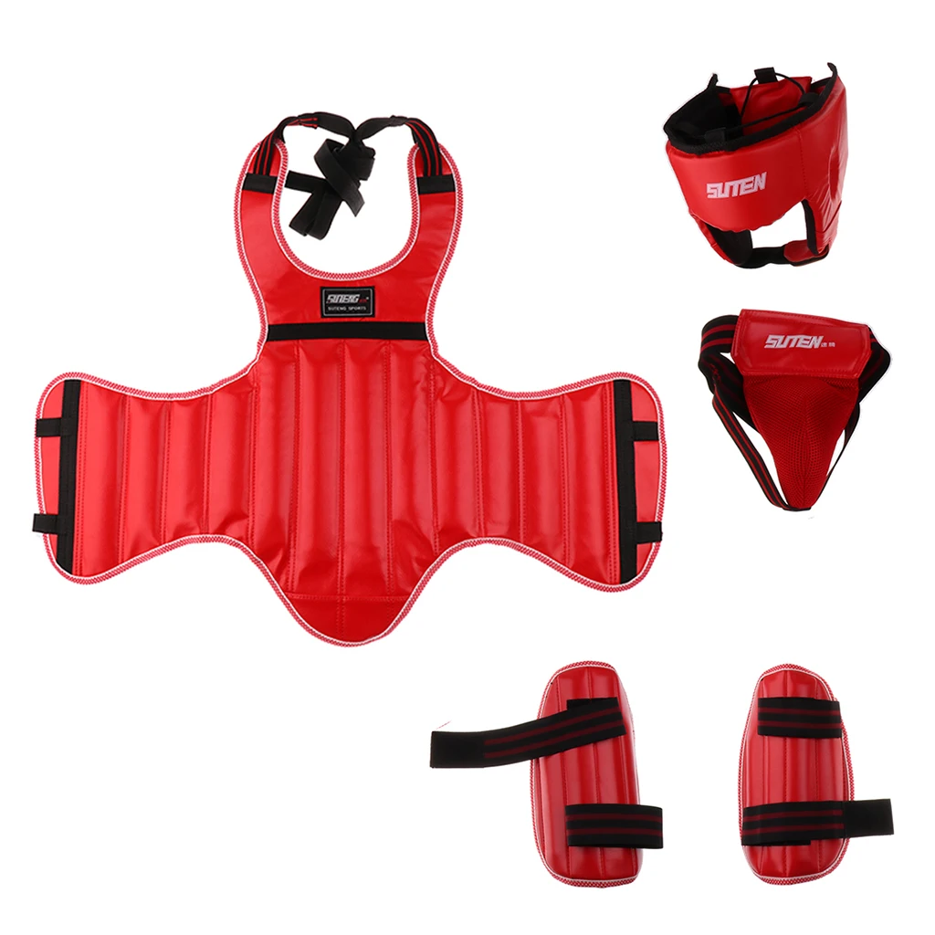 Conjunto de equipamentos de sparring para artes marciais com arnês de boxe, corpo, caneleiras, tamanho da virilha, cabe em cores selecionadas