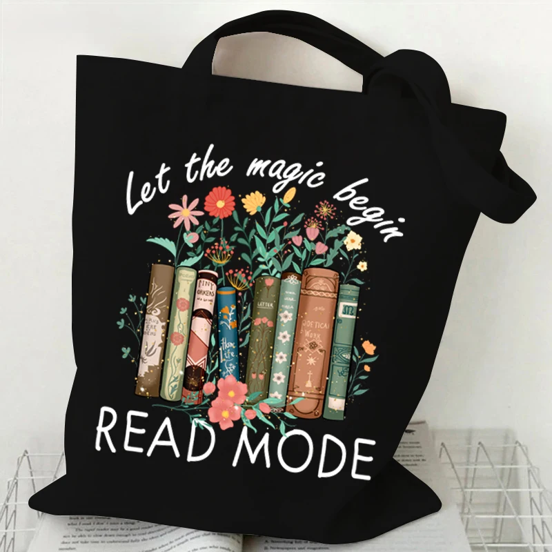 Books and Flower Print Handbag Women Casual Canvas Portable Shoulder Bag \