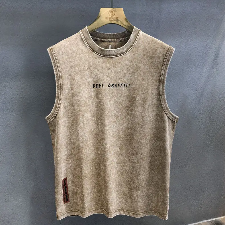 Vintage Snowflake Washed Heavy Cotton Sports Vest Men's Sleeveless T-shirt Summer Loose Vest Mens Tank Top