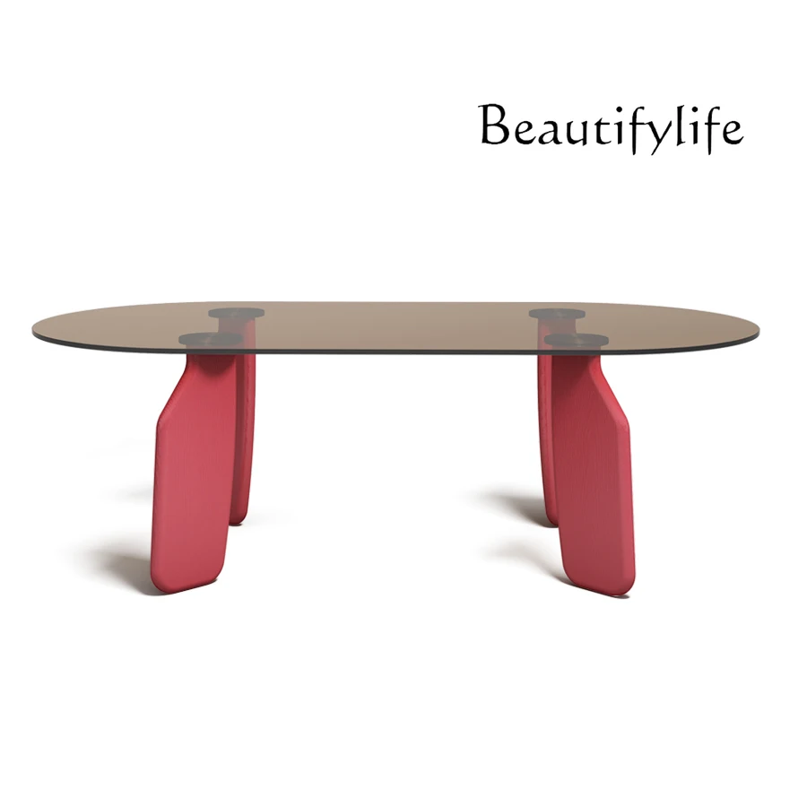 

Home Light Luxury Minimalist Color Tempered Glass Coffee Table Solid Wood Pedestal Small Apartment Living Room