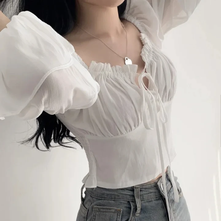 KUSAHIKI Korean Chic Spring Fashion Lace Up Off Shoulder Shirt Women\'s Slim Fit Flare Sleeve Short Top 2024 New Blusas De Mujer