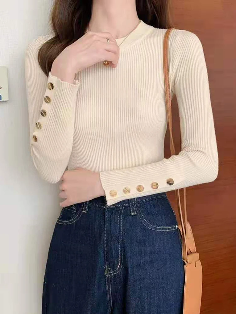 2024 women sweater pullovers khaki casual autumn winter button o-neck chic sweater female slim knit top soft jumper tops