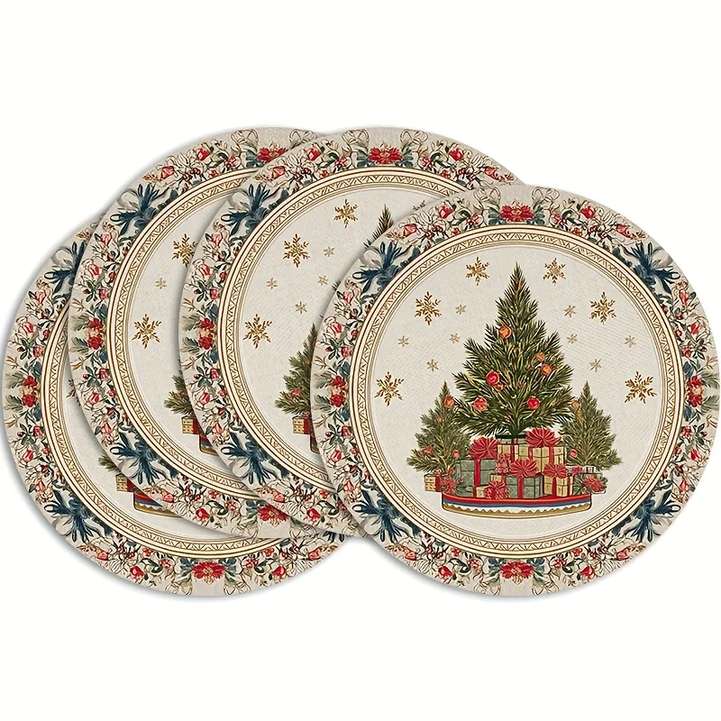 VIKAMA 4-teilige Weihnachts-Tischsets mit Blumenmuster, Weihnachtsbaum, Schleife, Blumenmuster, für Zuhause, Bankett, Thema, Restaurant, Tischdekoration und Accessoires