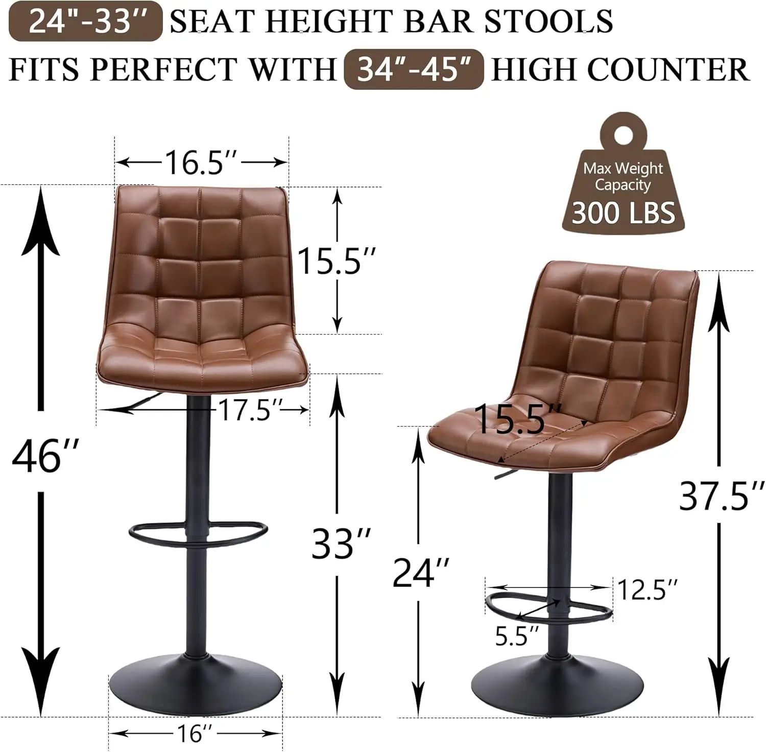 Swivel Bar Stools Set of 2 with Backs, Adjustable Height 24'-33', Modern Brown Faux Leather Kitchen Bar Stools