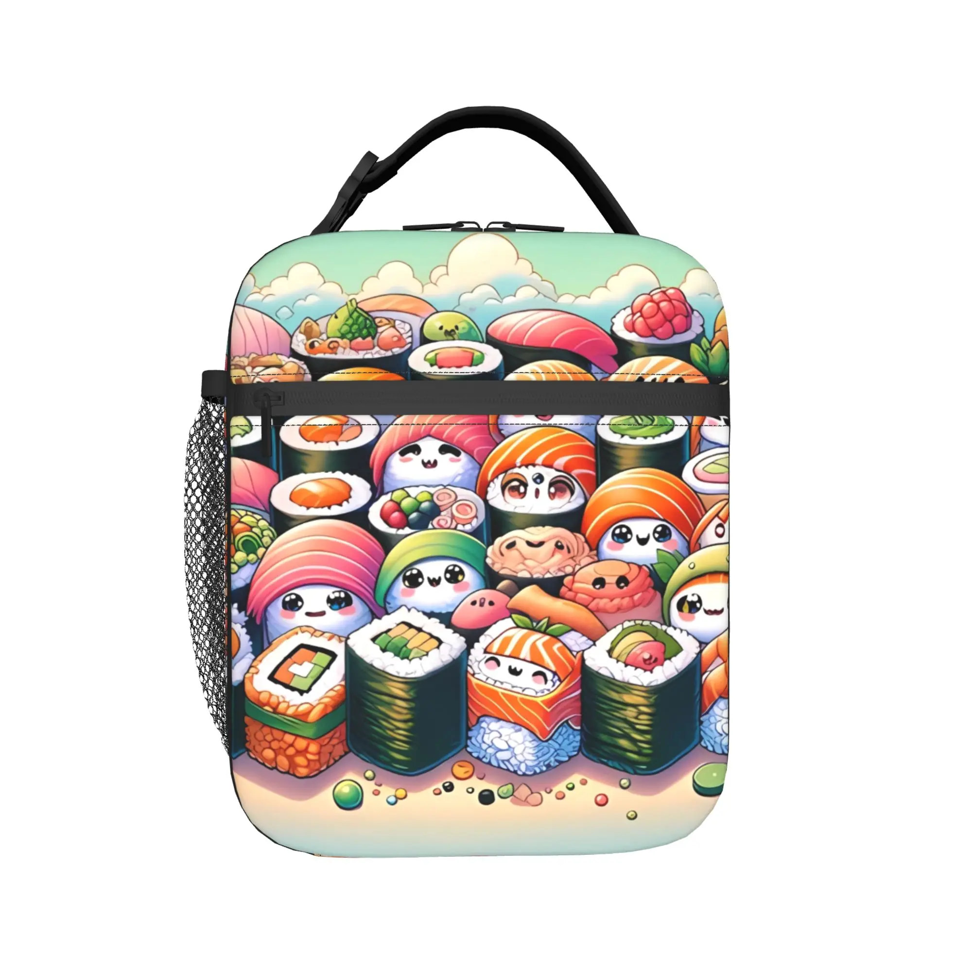 Sushi on Beach with Mount Fuji Background Lunch Bag Travel Portable Zipper Lunch Box For Child  Oxford Custom Cooler Bag