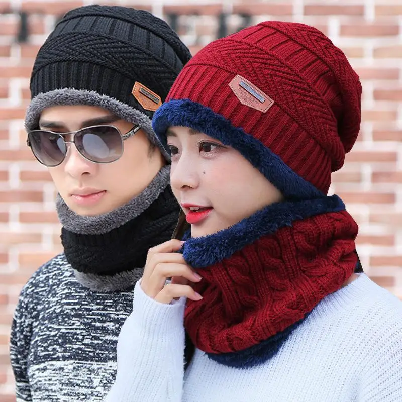 1 Juego de gorro grueso de invierno para hombre y mujer, gorro de punto, gorro de invierno, gorro, bufanda de lana para el cuello, gorros, gorro, gorro, conjunto de guantes