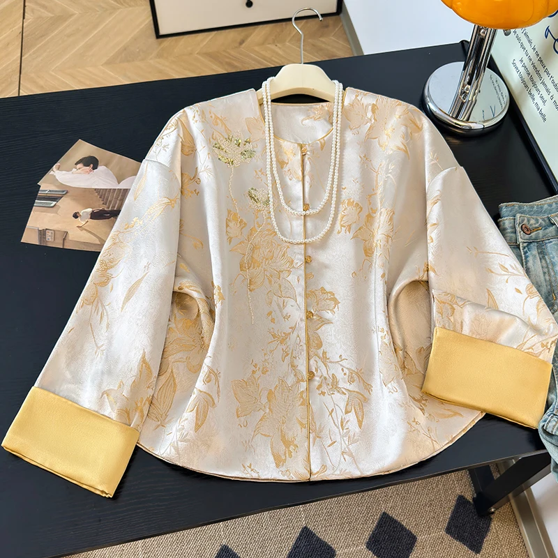 New Chinese Style Short Satin Jacket Women's 2026 Autumn Improved Tang Costume Song Brocade Top round Neck Long Sleeve Wedding