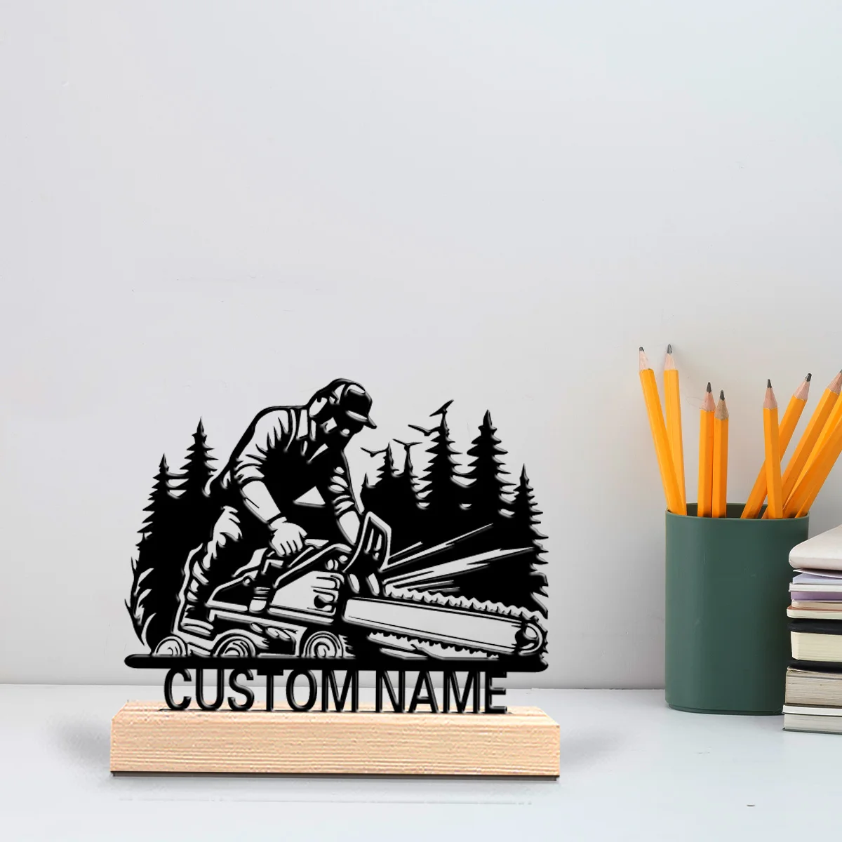 1pc Minimalist Sawing a tree Metal Statue Iron Ornament Personalized Name Handicraft With Wood Base Iron Ornament For Boys Gifts