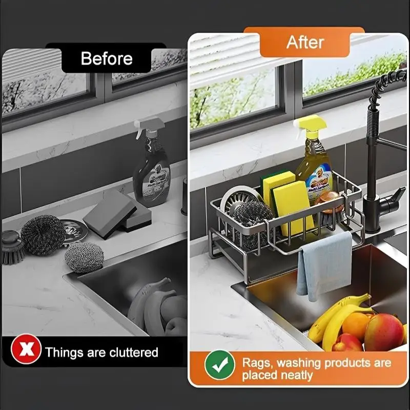 Sponge Drainer Rack With Towel Holder Kitchen Bathroom Sink Organizer Rack Soap Holder Organizer Countertop And Store Items