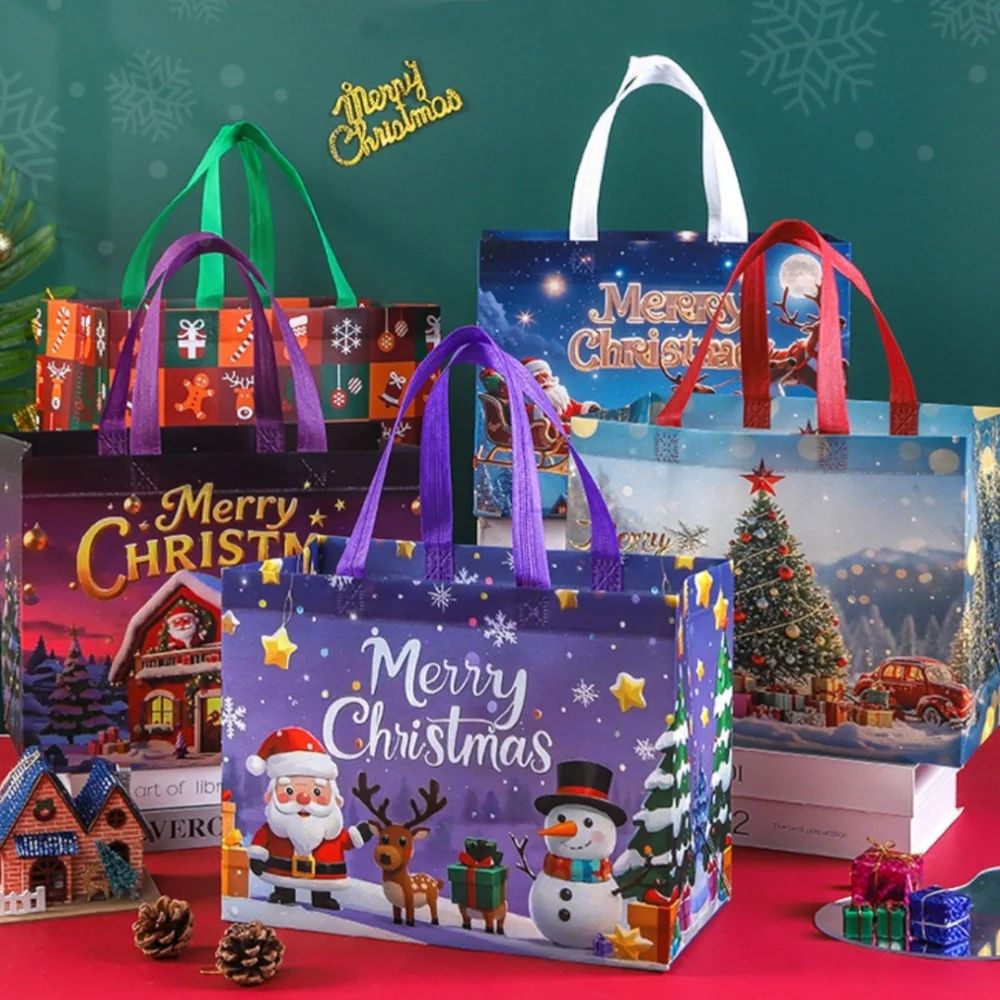 Santa Claus Printed Christmas Gift Bag Non-Woven Tote Bag Foldable Shopping Bag High Capacity Gift Bags for New Year Christmas