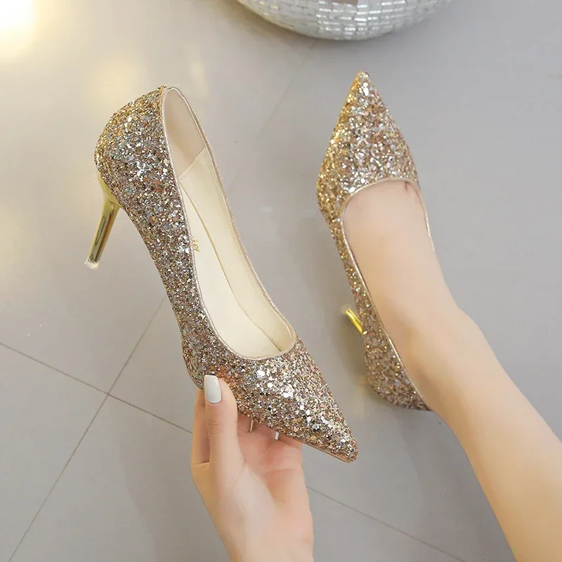 Fashion High Heels Women Sequins Thin Stiletto Banquet Wedding Shoes 2024 New Autumn /Winter Sexy Pointed Toe Ladies Party Shoes