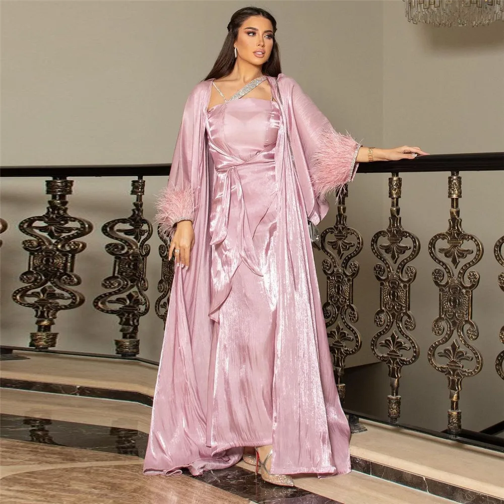 3 Piece Set Women Muslim Dubai Arab Outfit Kimono Open Abaya Vest Dresses Feather Sleeve Islamic Clothing Wedding Evening Gown